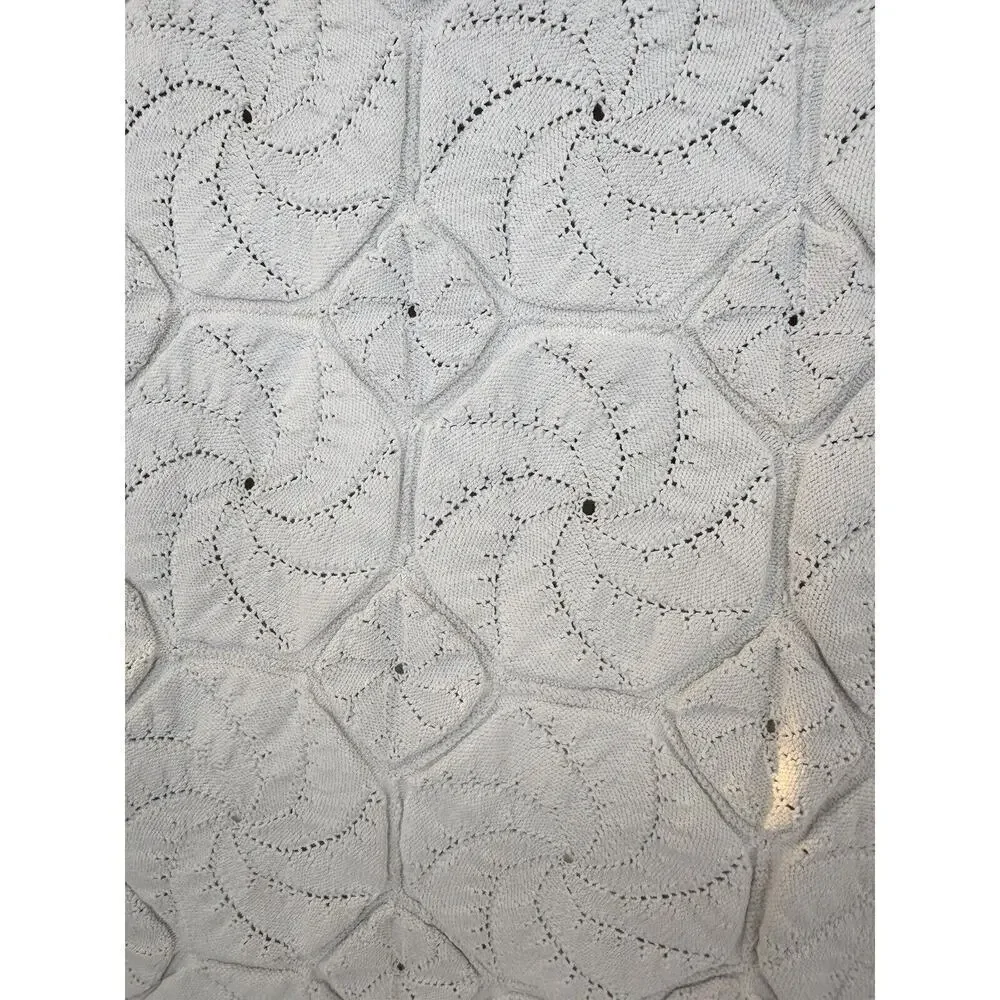 Handmade Knit Cream 100% COTTON blanket Coastal Textured Boho Pinwheel